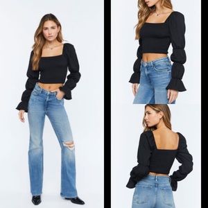 Forever 21 Black Square Neck Smocked Bubble Long Sleeve  Crop Top